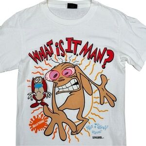 Vintage 90s Ren & Stimpy “What Is It Man?” Graphic T-Shirt White Medium EUC